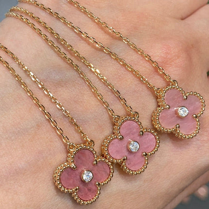 CLOVER RHODONITE 1 DIAMOND PINK GOLD NECKLACE