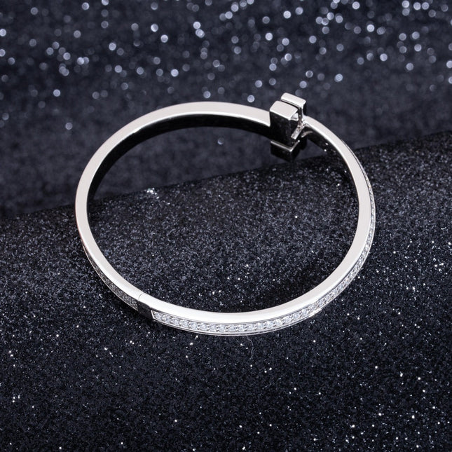 WIDE DIAMONDS HINGED BANGLE SILVER