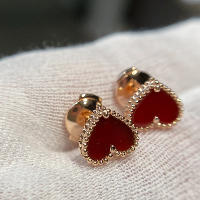 HEART CARNELIAN PINK GOLD STUD EARRINGS