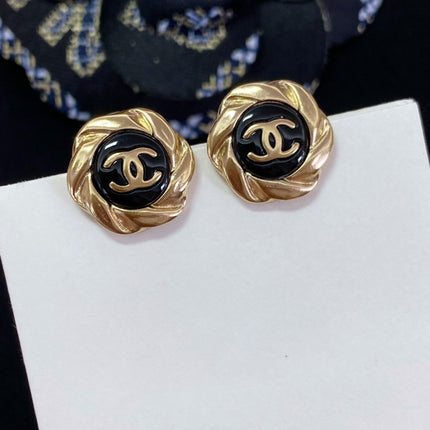 DOUBLE C MINI STUD GOLD BLACK EARRINGS