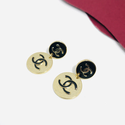 DOUBLE C BLACK ENAMEL GOLD DROP EARRINGS