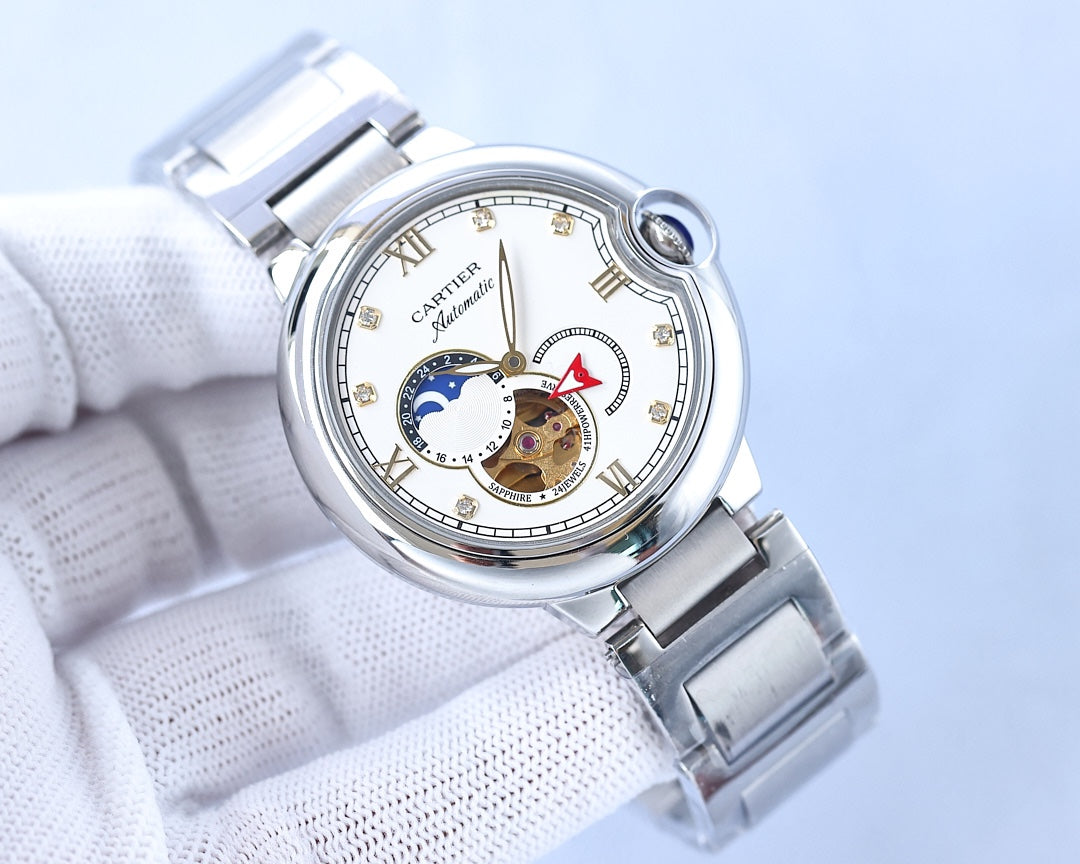 BALLON BLEU 36MM OPEN HEART PINK DIAMOND NUMERALS STEEL STRAP