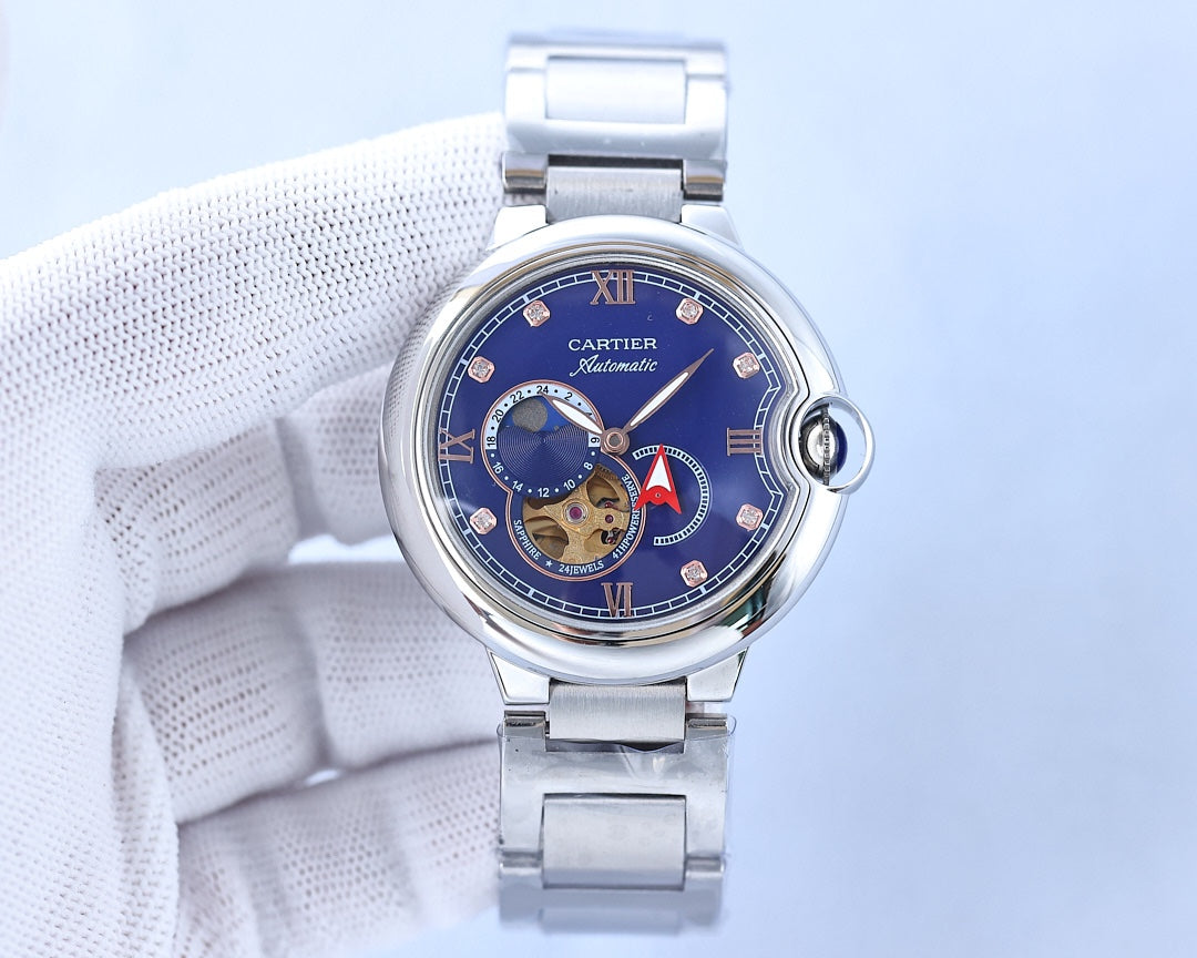 BALLON BLEU 36MM OPEN HEART PINK DIAMOND NUMERALS STEEL STRAP