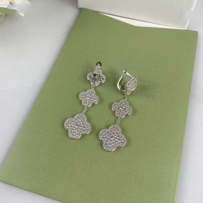 CLOVER 3 MOTIF DIAMOND SILVER DROP EARRINGS