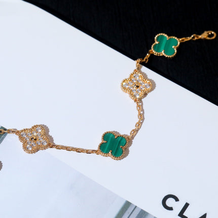 CLOVER 5 MOTIF MALACHITE DIAMOND PINK GOLD BRACELET