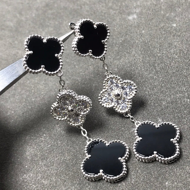 CLOVER 3 MOTIF DIAMOND ONYX SILVER EARRINGS