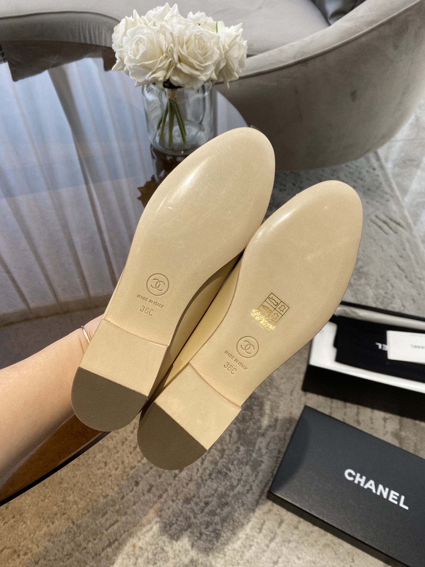 BALLET FLATS BEIGE SILVER LAMBSKIN CANVAS