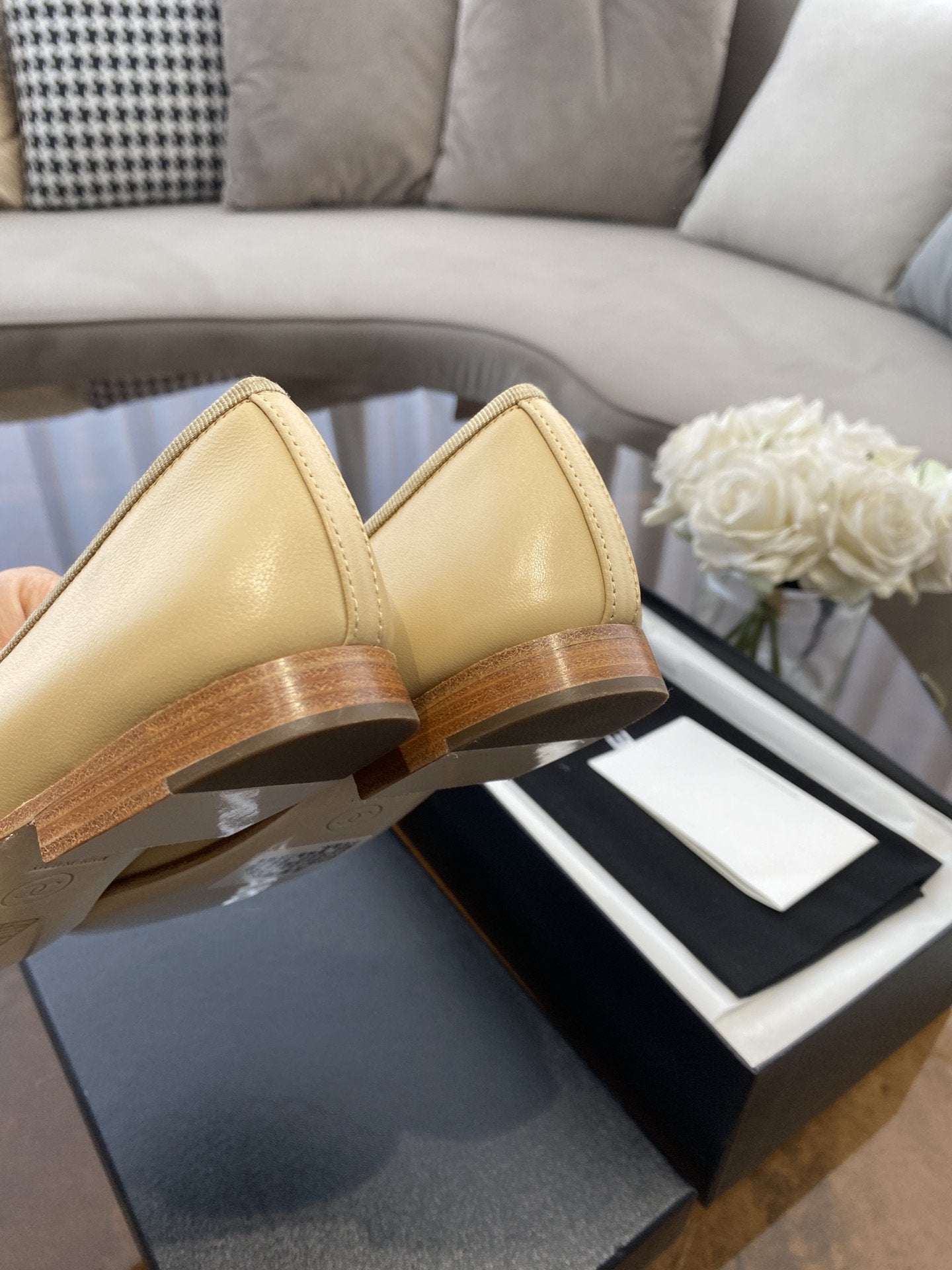 BALLET FLATS BEIGE SILVER LAMBSKIN CANVAS