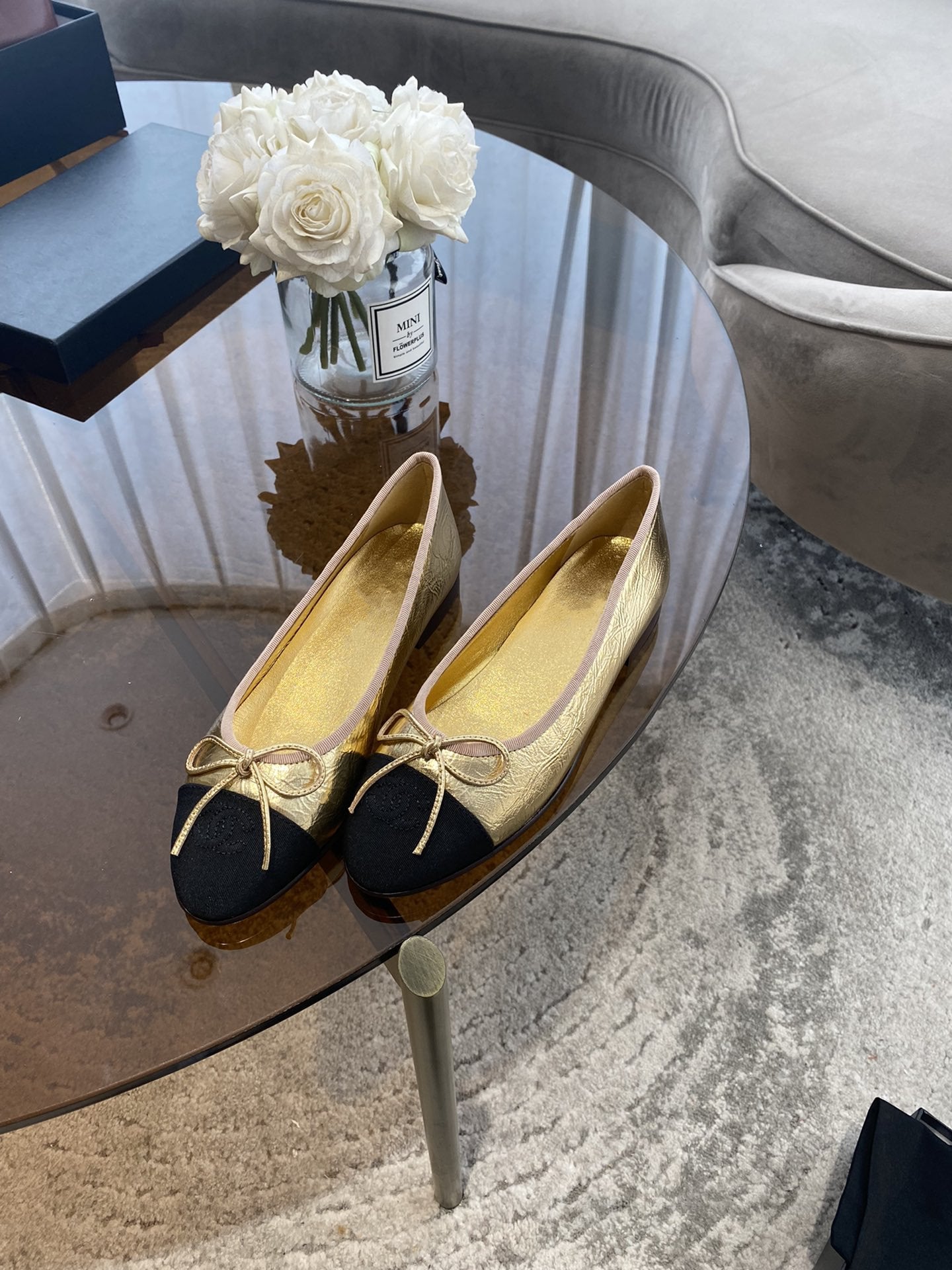 BALLET FLATS GOLD BLACK LAMBSKIN CANVAS