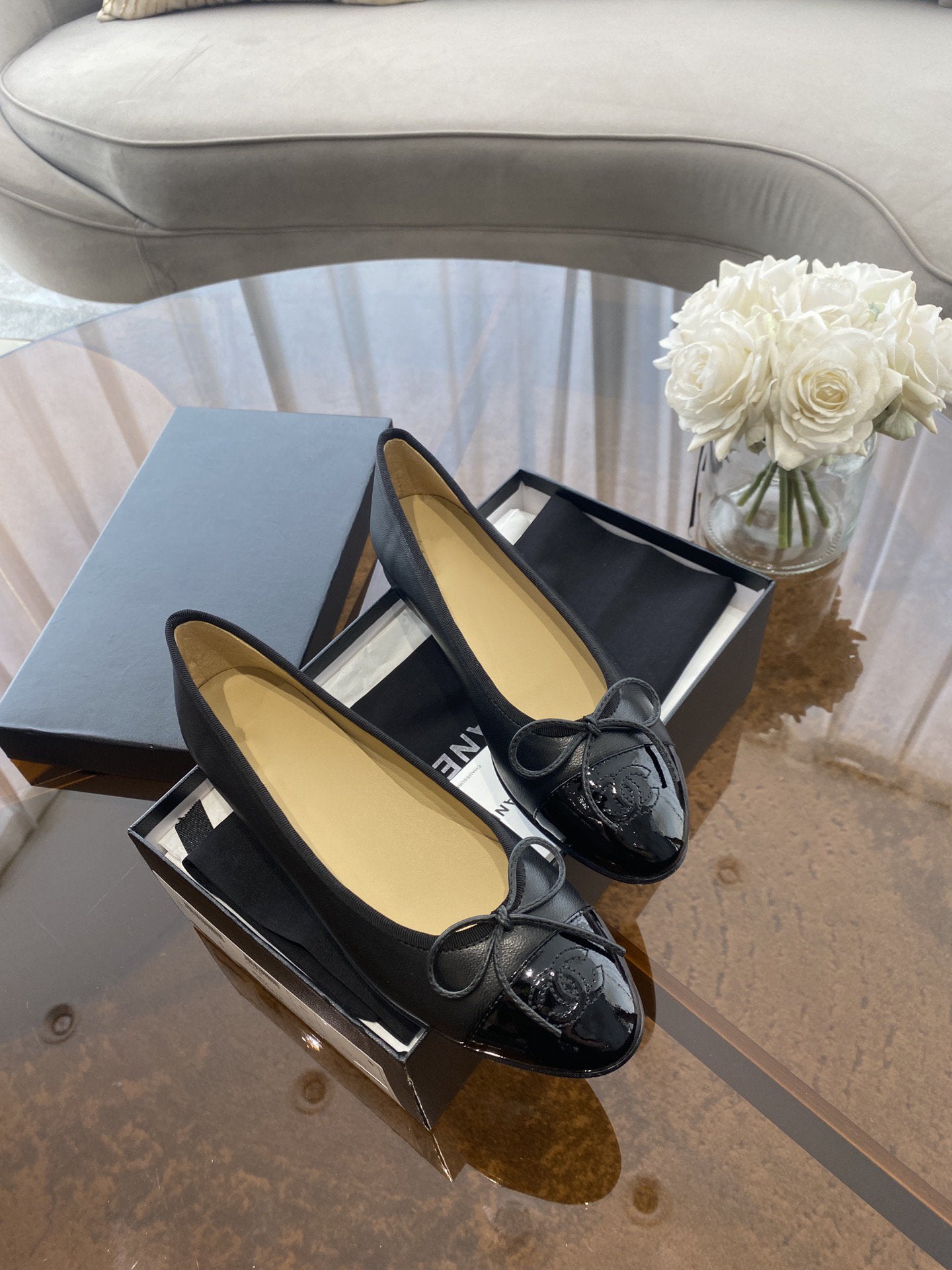 BALLET FLATS BLACK BEIGE LAMBSKIN