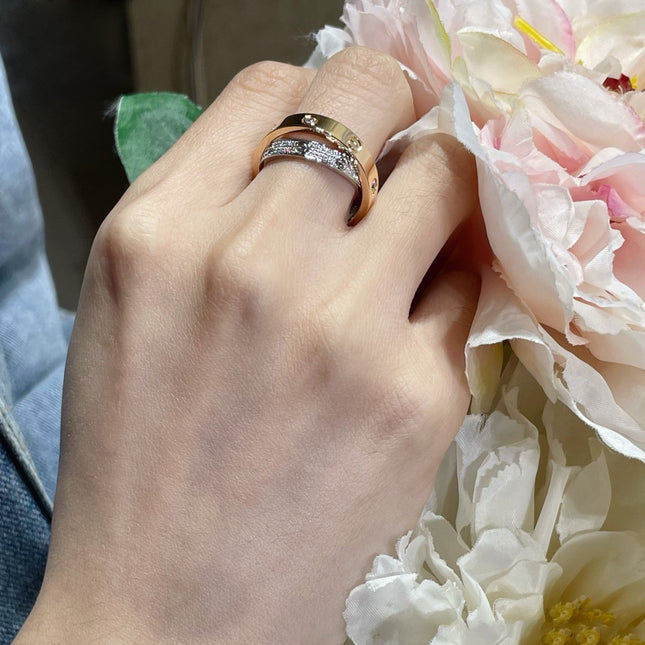 LOVE PINK GOLD SILVER DIAMOND DOUBLE RING