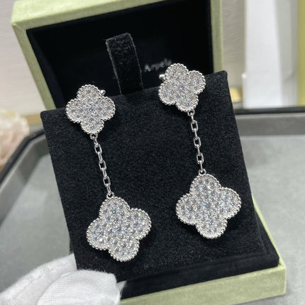 CLOVER 2 MOTIFS DIAMOND PAVED SILVER EARRINGS