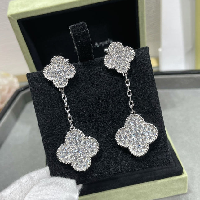 CLOVER 2 MOTIFS DIAMOND PAVED SILVER EARRINGS