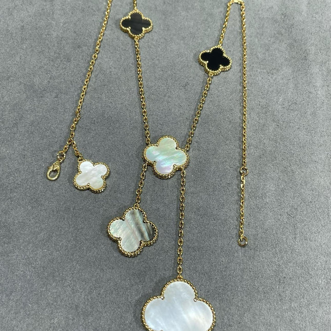 CLOVER 6 MOTIF MOP ONYX GOLD NECKLACE