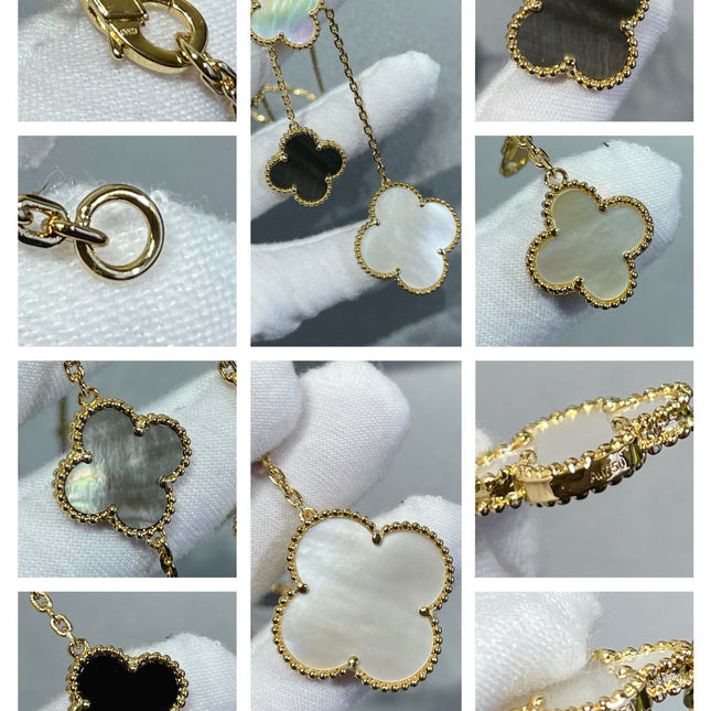 CLOVER 6 MOTIF MOP ONYX GOLD NECKLACE