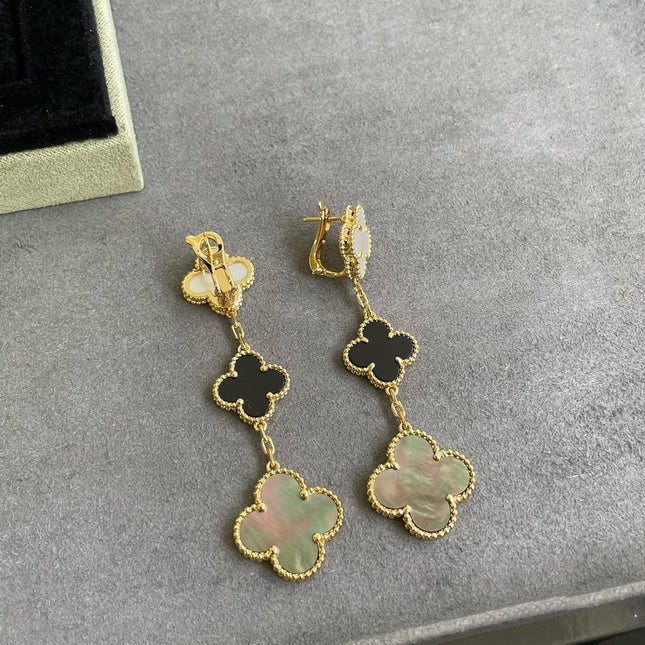 CLOVER 3 MOTIF MOP ONYX DARK MOP PINK GOLD EARRINGS