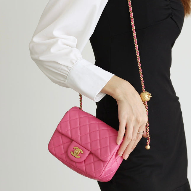 FLAP BAG 17CM PINK LAMBSKIN GOLD HARDWARE