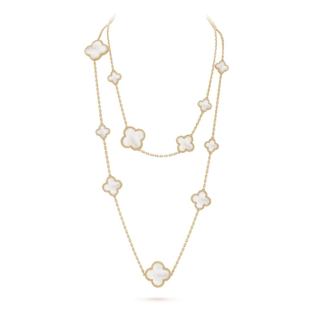 CLOVER 16 MOTIF WHITE MOP GOLD NECKLACE