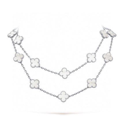 CLOVER 20 MOTIF WHITE MOP 86CM SILVER NECKLACE