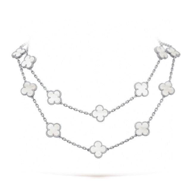 CLOVER 20 MOTIF WHITE MOP 86CM SILVER NECKLACE