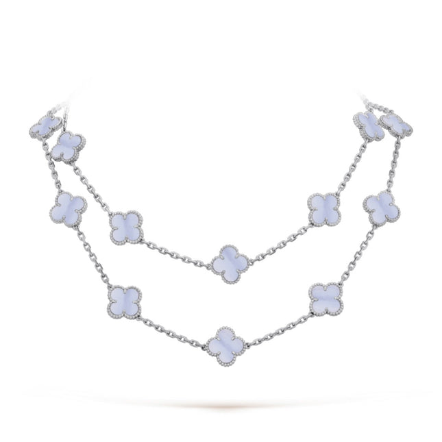 CLOVER 20 MOTIF CHALCEDONY 86CM SILVER NECKLACE