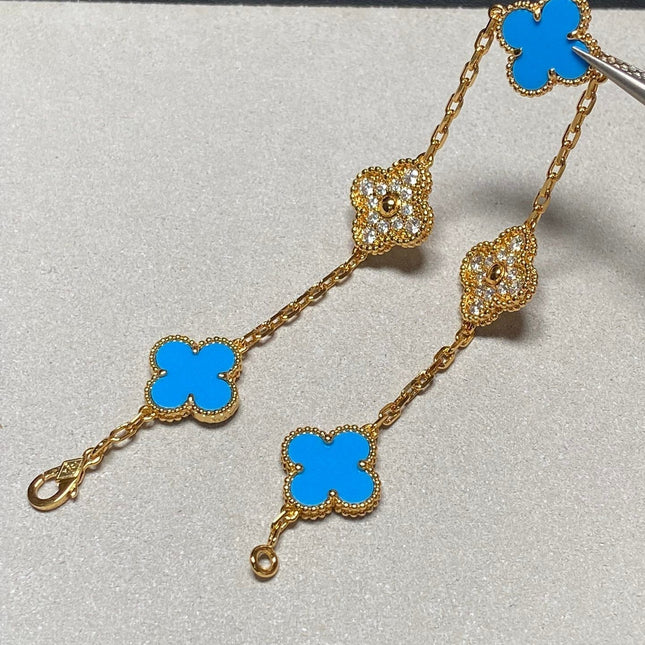 CLOVER 5 MOTIF TURQUOISE DIAMOND GOLD BRACELET