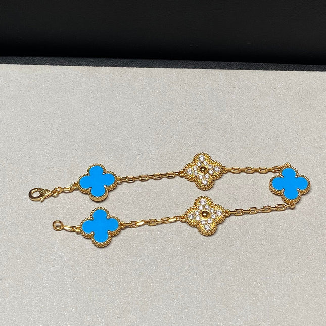 CLOVER 5 MOTIF TURQUOISE DIAMOND GOLD BRACELET