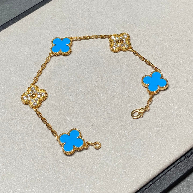 CLOVER 5 MOTIF TURQUOISE DIAMOND GOLD BRACELET