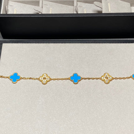 CLOVER 5 MOTIF TURQUOISE DIAMOND GOLD BRACELET