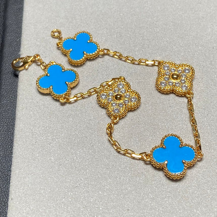 CLOVER 5 MOTIF TURQUOISE DIAMOND GOLD BRACELET