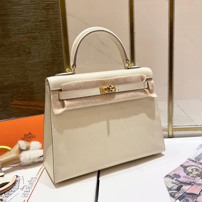 HM KELLY 25CM WHITE EPSOM LEATHER GOLD HARDWARE