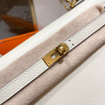 HM KELLY 25CM WHITE EPSOM LEATHER GOLD HARDWARE