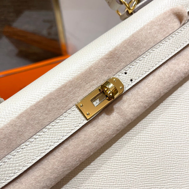 HM KELLY 25CM WHITE EPSOM LEATHER GOLD HARDWARE