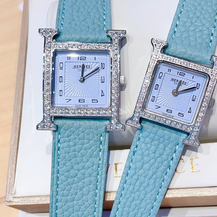 HM HEURE H 26 SILVER BLUE DIAL DIAMOND BEZEL EPSOM LEATHER