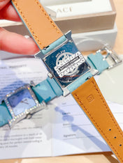 HM HEURE H 26 SILVER BLUE DIAL DIAMOND BEZEL EPSOM LEATHER