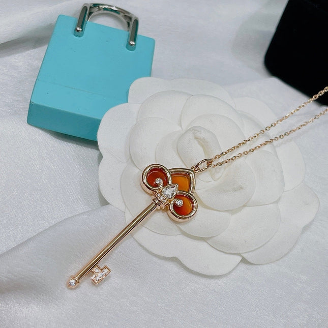 FLEUR DE LIS PINK GOLD DIAMOND CARNELIAN NECKLACE