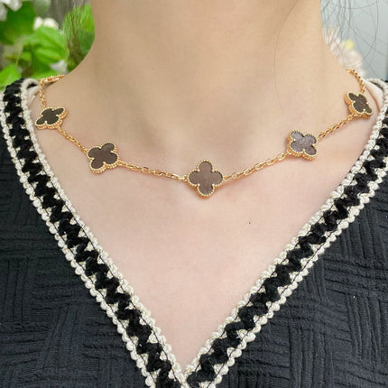 CLOVER 10 MOTIF GREY MOP PINK GOLD NECKLACE