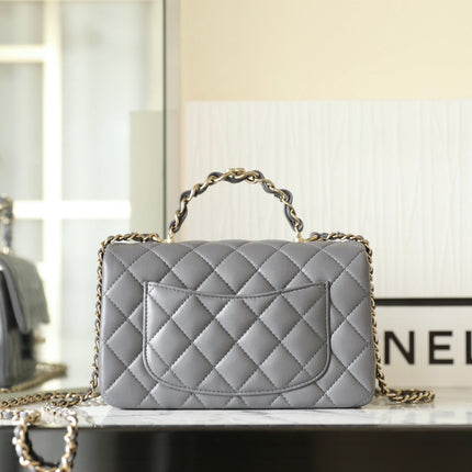 FLAP BAG 23 GREY LAMBSKIN GOLD HARDWARE TOP HAND