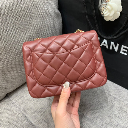 MINI SQUARE FLAP BAG 17CM BURGUNDY LAMBSKIN GOLD HARDWARE