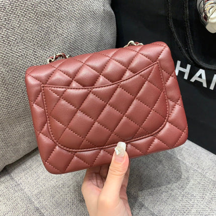 MINI SQUARE FLAP BAG 17CM BURGUNDY LAMBSKIN SILVER HARDWARE