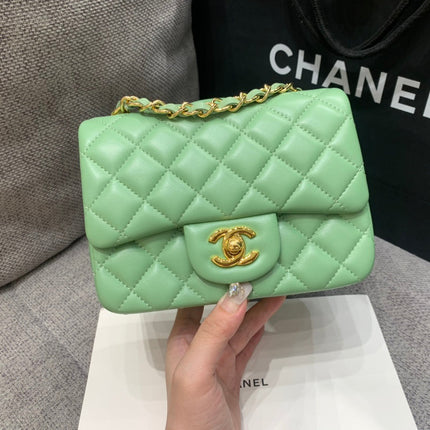 MINI SQUARE FLAP BAG 17CM LIGHT GREEN LAMBSKIN GOLD HARDWARE