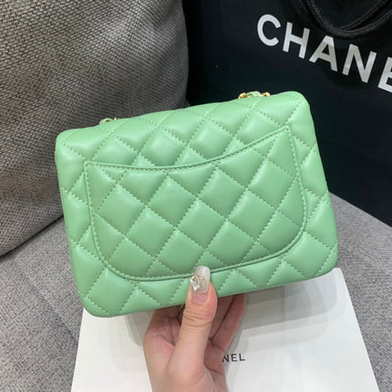 MINI SQUARE FLAP BAG 17CM LIGHT GREEN LAMBSKIN GOLD HARDWARE