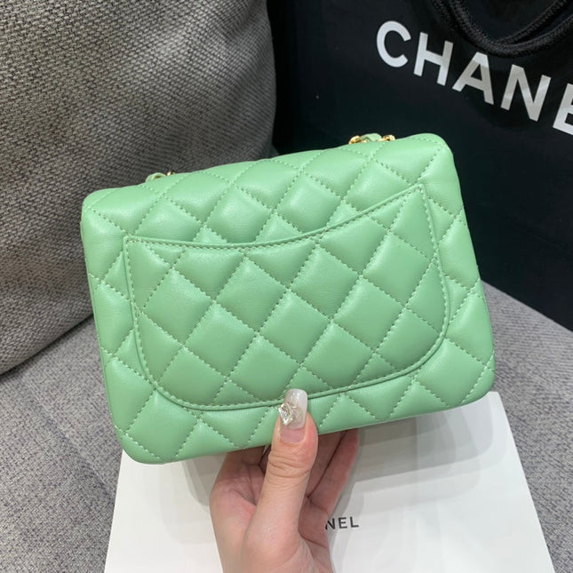 MINI SQUARE FLAP BAG 17CM LIGHT GREEN LAMBSKIN GOLD HARDWARE