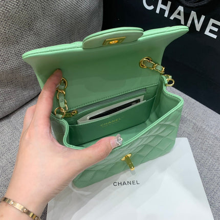 MINI SQUARE FLAP BAG 17CM LIGHT GREEN LAMBSKIN GOLD HARDWARE