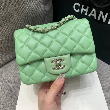 MINI SQUARE FLAP BAG 17CM LIGHT GREEN LAMBSKIN SILVER HARDWARE