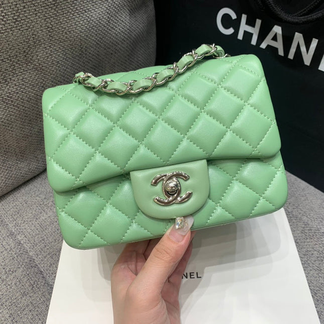 MINI SQUARE FLAP BAG 17CM LIGHT GREEN LAMBSKIN SILVER HARDWARE