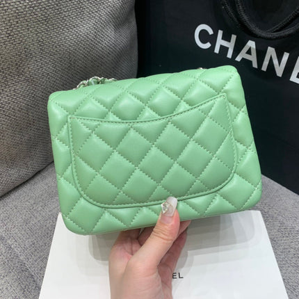 MINI SQUARE FLAP BAG 17CM LIGHT GREEN LAMBSKIN SILVER HARDWARE