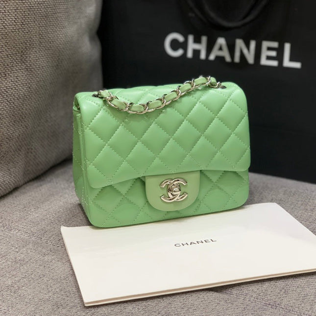 MINI SQUARE FLAP BAG 17CM LIGHT GREEN LAMBSKIN SILVER HARDWARE