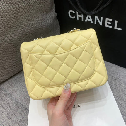 MINI SQUARE FLAP BAG 17CM YELLOW LAMBSKIN SILVER HARDWARE