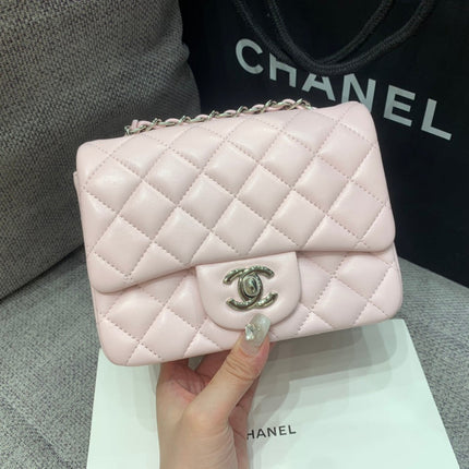 MINI SQUARE FLAP BAG 17CM PINK LAMBSKIN SILVER HARDWARE